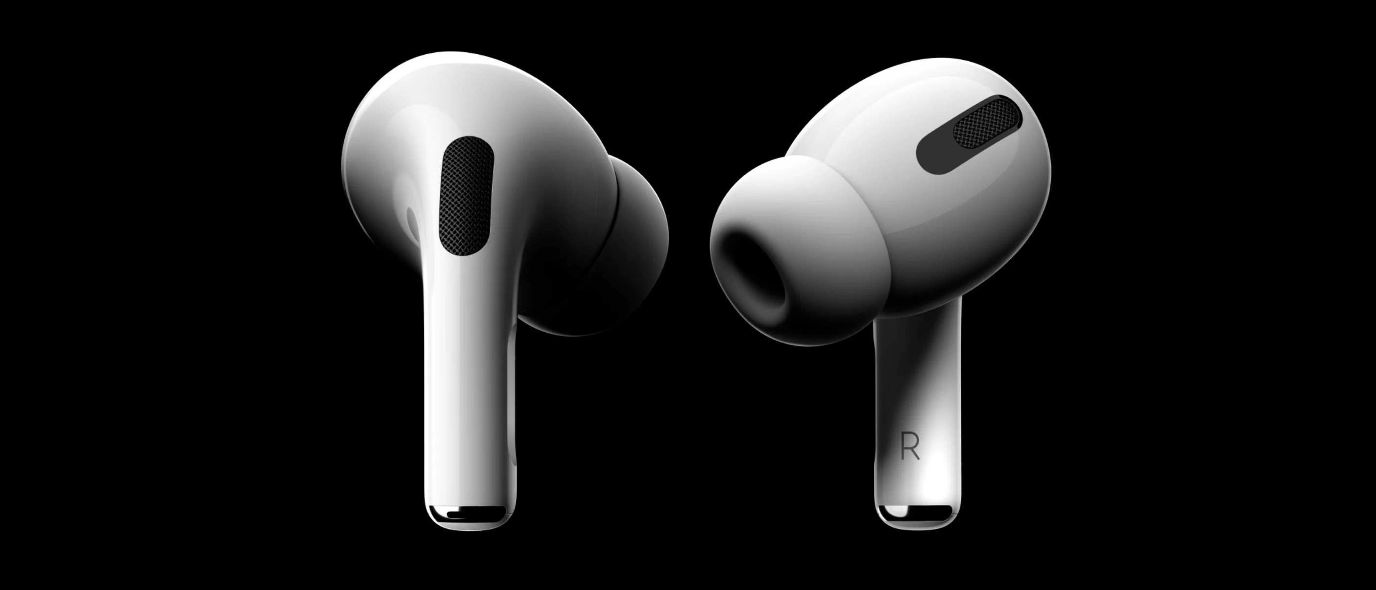 Sepasang AirPods Pro berwarna putih dengan background hitam